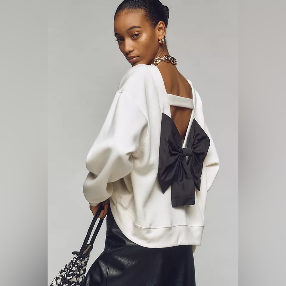 ANTHROPOLOGIE 🎀 Maeve Bow-Back Sweatshirt, Ivory w/ Black Bow, 3X,NWT,SOLD OUT! - Picture 5 of 7